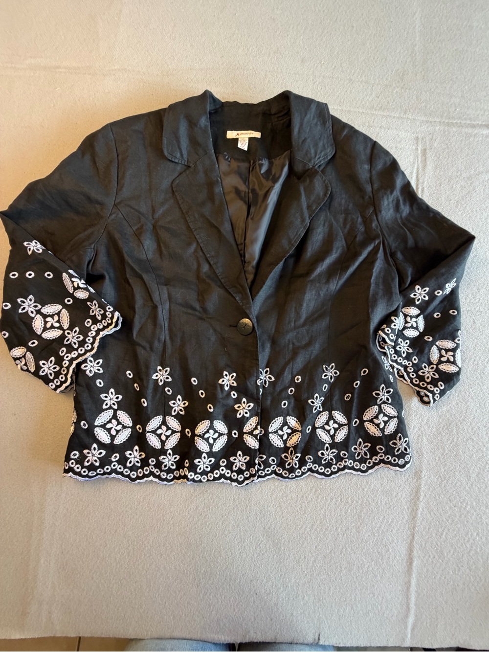 M Collection Embroidered Black Cropped Blazer with White Floral Trim Linen 14